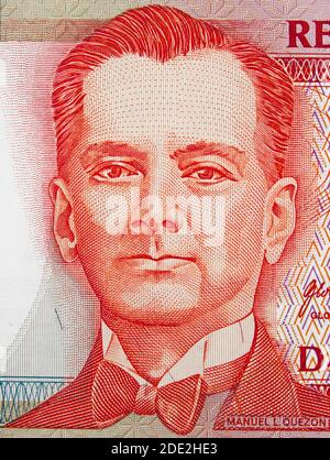 Manuel L. Quezon portrait on Philippine 20 peso (2009) banknote closeup,  Philippines money close up. Stock Photo
