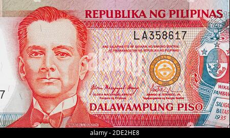 Manuel L. Quezon portrait on Philippine 20 peso (2009) banknote closeup,  Philippines money close up. Stock Photo