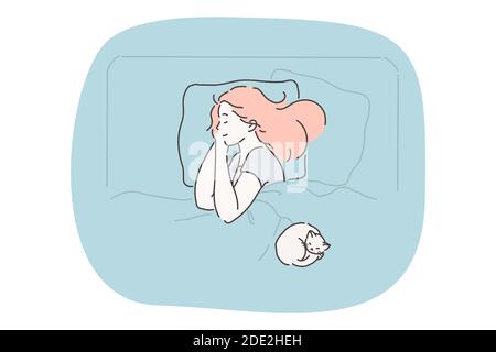 Sleeping, relaxation and comfortable rest concept. Young smiling woman cartoon character sleeping with white cat on pillow in bed under blanket at hom Stock Vector