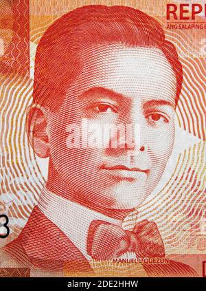 Manuel L. Quezon portrait on Philippine 20 peso (2010) banknote closeup,  Philippines money close up. Stock Photo
