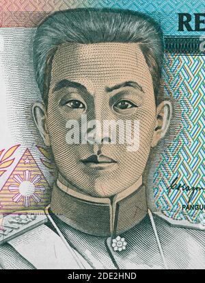 Emilio Aguinaldo portrait on Philippine five peso (1985) banknote closeup, First President of the Philippines. Stock Photo