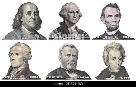 George Washington, Benjamin Franklin, Abraham Lincoln, Alexander Hamilton, Andrew Jackson, Ulysses Grant faces from US dollar bills isolated, United S Stock Photo