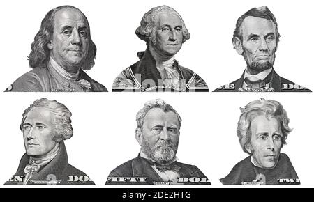 US presidents George Washington, Benjamin Franklin, Abraham Lincoln, Alexander Hamilton, Andrew Jackson, Ulysses Grant portraits from US dollar bills Stock Photo