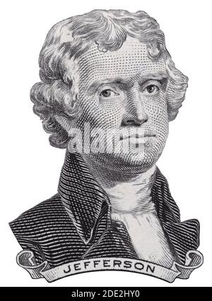 President Thomas Jefferson face on us two dollar bill closeup macro ...