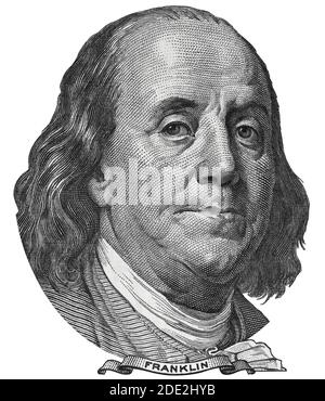 Benjamin Ben Franklin face on us 100 dollar bill closeup isolated, united states money closeup Stock Photo