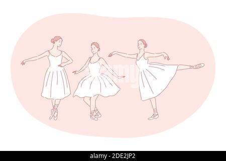 Ballerina, ballet, dance performance in theatre concept. Young woman ballerina cartoon character in white classical dress dancing and moving during tr Stock Vector