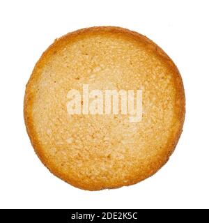 Top view of golden toasted round rusk toast aka beschuit. Isolated on white background. Stock Photo