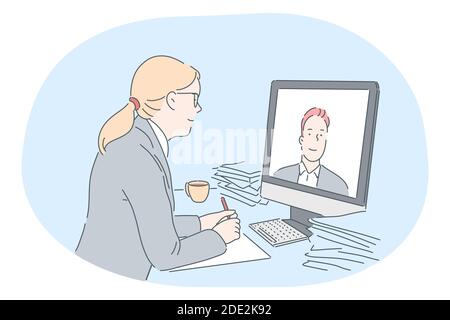 Online meeting, business communication, distant work, teleconference concept. Young business lady cartoon character sitting and communicating with col Stock Vector