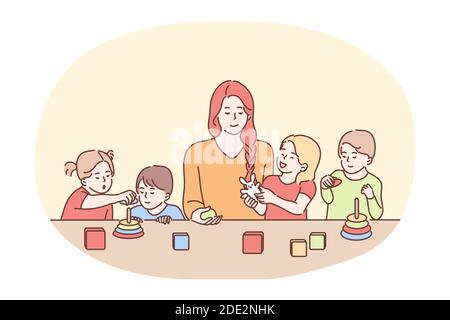 Nanny in kindergarten, babysitter, babysitting concept. Young smiling woman cartoon character babysitter or nanny playing with group of small children Stock Vector