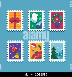 Flat design christmas stamp collection Vector illustration Stock Vector