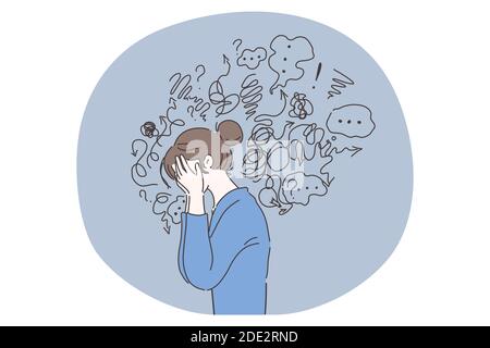 Headache, depression, anxiety concept. Vector illustration. Crying woman suffering fatigue from frustration depression complex psychological disease. Stock Vector