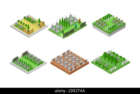 Isometric Cemetery Set Vector illustration Stock Vector