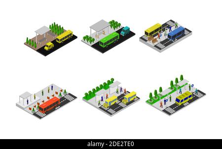 Isometric Bus Stop Set Vector illustration Stock Vector