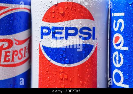 Tyumen, Russia-November 01, 2020: can of Pepsi logo, a carbonated soft drink produced and manufactured by PepsiCo. Stock Photo