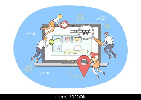 Website, programming, social media marketing, development concept. Team of men women programmers coding developing internet design homepage shopping s Stock Vector