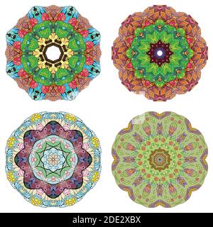 Hand-painted art design. Color hand drawn illustration set of 4 mandalas for decoration Stock Vector
