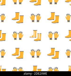 Seamless pattern with cartoon yellow rubber gloves and boots on white background. Gardening tool. Vector illustration for any design. Stock Vector