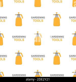Seamless pattern with cartoon garden sprayer on white background. Gardening tool. Vector illustration for any design. Stock Vector