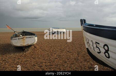 Traditional fishing boats on the beach in Aldeburgh, Suffolk Stock Photo