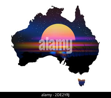 Australia Aboriginal continent with sunset isolated on white background. Australia map in traditional aboriginal flag colors. Australia Aboriginal day Stock Vector
