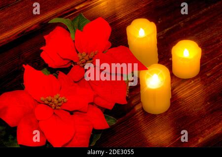 Christmas decorations. Candles beside poinsettia leaves on a wooden shelf. Stock Photo