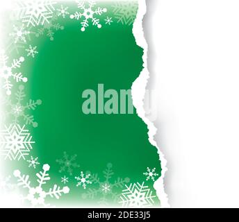 Christmas ripped paper, green decorative background. Illustration of green torn paper background with snowflakes and place for your text or image. Stock Vector