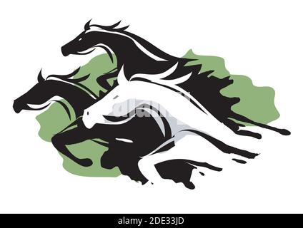 Three Running Horses. Exppressive illustration illustration of fast running horses.Isolated on white background.Vector available. Stock Vector