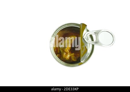 fish in tin can on white background Stock Photo