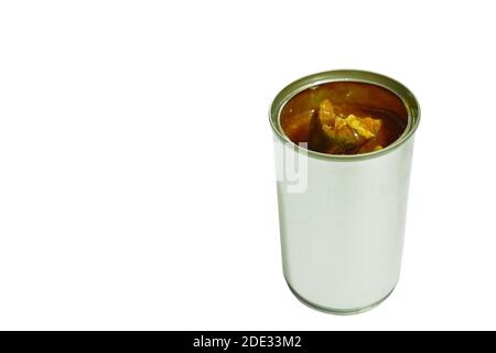 fish in tin can on white background Stock Photo