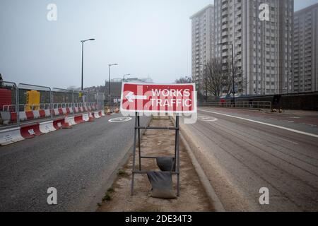 Works Traffic road signs outside the HS2 construction work on Hampstead Road in Camden Town, London, England Stock Photo