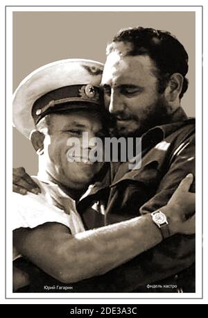 An old Russian postcard image showing Yuri Gagarin 'first man in space' & President Castro of Cuba embracing.  -- Yuri Alekseyevich Gagarin  ( 1934 – 1968) was a Soviet Air Force  pilot and cosmonaut ( a former steel foundry worker)  who was allegedly the first human to journey into outer space in Vostok I  on the 12th April 1961 (others claim Vladimir Ilyushin or even U.S. test pilot Joe Kittinger. Gagarin visited Casro in Cuba during his world tour only months after his flight. Stock Photo