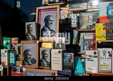 Copies of Barack Obama's memoir 'A Promised Land' prominent in the window of Waterstones bookshop in Edinburgh, Scotland, UK. Stock Photo