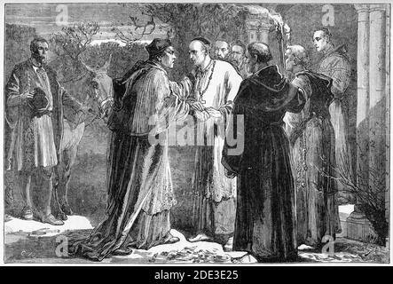 Engraving of Cardinal Wolsey arriving at the abbey at Leicester. Illustration from 'The history of Protestantism' by James Aitken Wylie (1808-1890), pub. 1878 Stock Photo