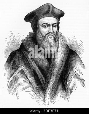 Engraving of Thomas Cranmer (1489 – 1556) leader of the English Reformation and Archbishop of Canterbury during the reigns of Henry VIII, Edward VI and, for a short time, Mary I, who had him executed for heresy to the Catholic church.  Illustration from 'The history of Protestantism' by James Aitken Wylie (1808-1890), pub. 1878 Stock Photo