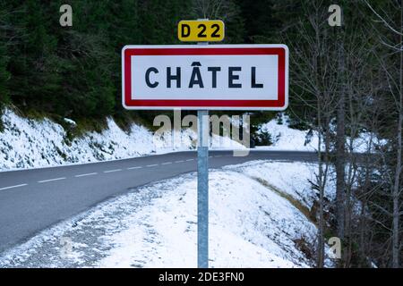 Entrance sign to Chatel, French alps Stock Photo