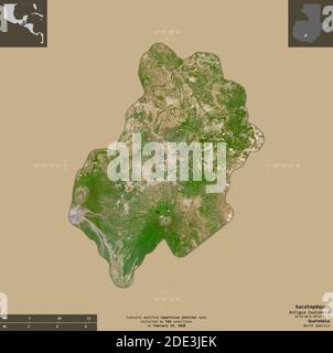 Sacatepequez, department of Guatemala. Sentinel-2 satellite imagery. Shape isolated on solid background with informative overlays. Contains modified C Stock Photo