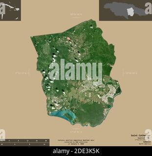 Saint Catherine, parish of Jamaica. Sentinel-2 satellite imagery. Shape isolated on solid background with informative overlays. Contains modified Cope Stock Photo