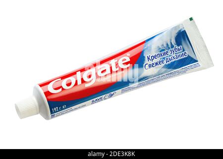 Ukraine, Kyiv - October 23. 2020: Colgate strong teeth fresh breath tooth paste on white background. Colgate is a brand of toothpaste produced by Colg Stock Photo