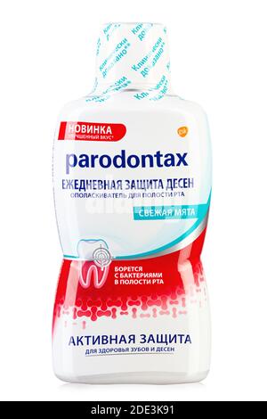 Ukraine, Kyiv - October 23. 2020: Parodontax Mouth Rinse Liquid.  Product for protection against tartar and plaque. Insulated packaging for catalog. Stock Photo