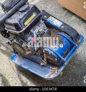 A robin bird nest with one single light brown cream colour color egg discovered in blue whacker plate machine Stock Photo
