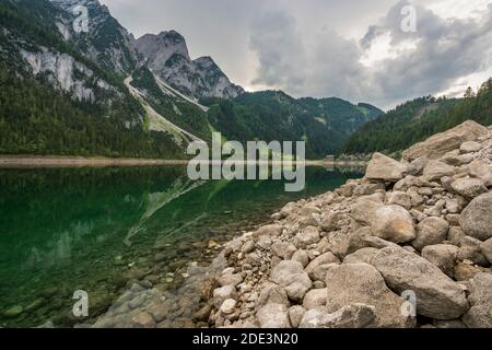 Scenic view of Vorderer Gosausee against mountains, Austria Stock Photo