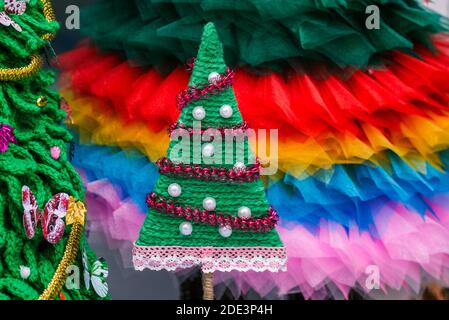 Decorative Christmas tree made of fabric. New year concept. Festive mood. Stock Photo