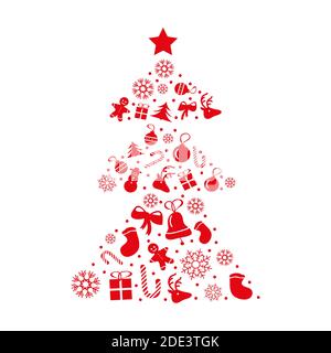 Christmas card design in red color. Vector. New year greetings and Christmas elements and symbols formed in abstract tree shape Stock Vector