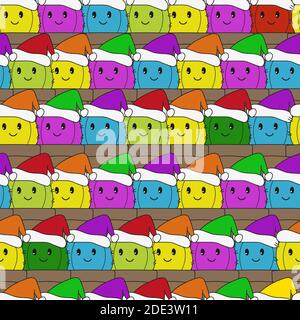 Cute cactus wearing Santa hat seamless pattern - Many colorful cacti - Vector doodle illustration Stock Vector
