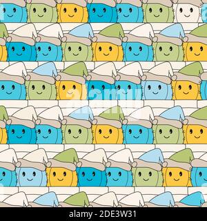 Vector Christmas seamless pattern. Colored Gnomes or other cartoon characters in rows Stock Vector