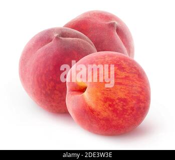 Three fresh peach fruits isolated on white background Stock Photo