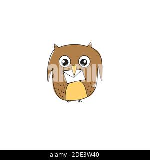 Funny vector illustration of owl with a letter isolated on white background. Cartoon owl character. Stock Vector
