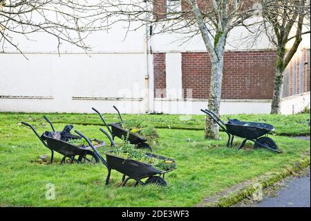 Gardening equipment and wheelbarrow in yard garden Stock Photo