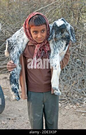 Kid with goat on his shoulders, Rajasthan, India Stock Photo