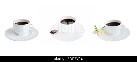 Black coffee in white cup, isolated on white background. Set of three cups Stock Photo
